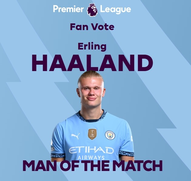 打進(jìn)致勝球！英超官方：哈蘭德當(dāng)選曼城1-0熱刺全場最佳球員